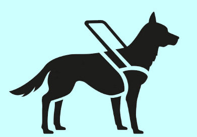 black and white icon of a guide dog in harness