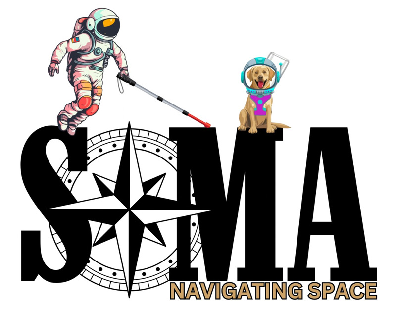 logo has the letters 'SOMA' with a compass for the 'O.'  Floating above the letter 'S' is an astronaut holding a white cane, and aobe the letter 'M' is a guide dog with a harness and a space helmet on.